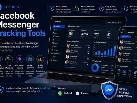 Facebook Messenger tracking tools comparison with a laptop and smartphone showing conversations, call logs, attachments and activity dashboard.