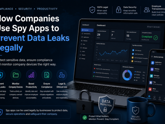 Business data leak prevention guide with a laptop and phone showing company device monitoring, compliance alerts and secure activity dashboard.
