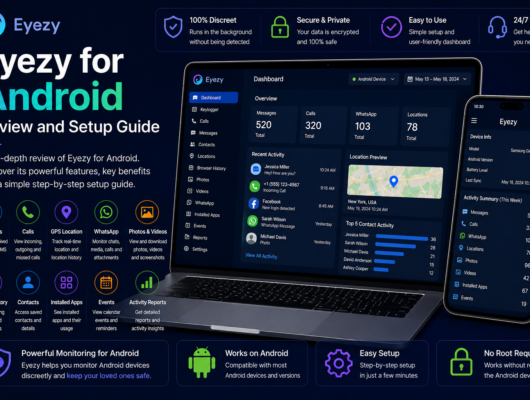 Eyezy for Android review and setup guide with a laptop and smartphone showing messages, calls, GPS location, WhatsApp, photos, browser history and activity dashboard.