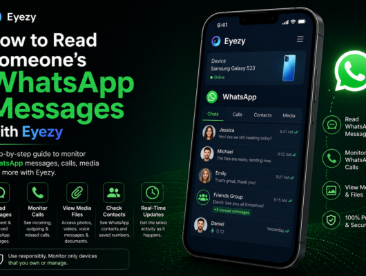 Eyezy WhatsApp messages guide with a smartphone showing WhatsApp chats, calls, media files and a secure monitoring dashboard.