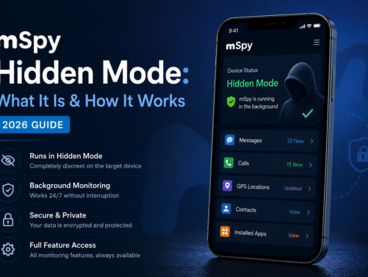 mSpy Hidden Mode explained with a smartphone showing private background monitoring features on a secure dashboard.