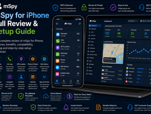 mSpy for iPhone full review and setup guide with an iPhone and laptop showing messages, calls, GPS location, WhatsApp, photos, web history and monitoring dashboard.