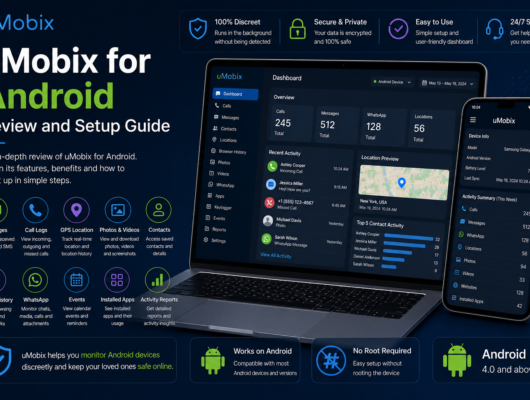 uMobix for Android review and setup guide with a laptop and smartphone showing calls, messages, GPS location, WhatsApp, photos, browser history and activity dashboard.