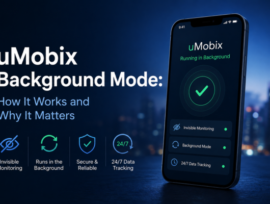 uMobix Background Mode explained with a smartphone showing background activity and privacy-focused monitoring features.