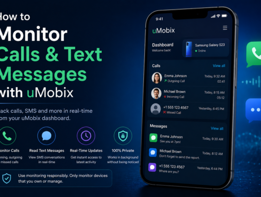 uMobix call and text message monitoring guide with a smartphone showing call logs, SMS messages and a secure dashboard.