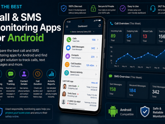 Best call and SMS monitoring apps for Android comparison with a smartphone showing call logs, text messages, contacts, call duration and activity reports.