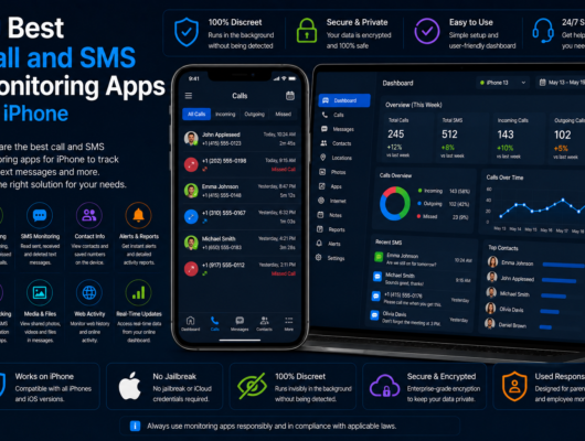 Best call and SMS monitoring apps for iPhone comparison with an iPhone and laptop showing call logs, SMS messages, contacts, alerts and activity dashboard.
