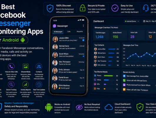 Best Facebook Messenger monitoring apps for Android comparison with a smartphone showing Messenger conversations, calls, shared media, contacts and activity dashboard.