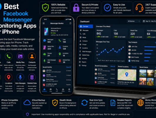 Best Facebook Messenger monitoring apps for iPhone comparison with an iPhone and laptop showing Messenger messages, calls, media files, contacts, groups, locations and reports.