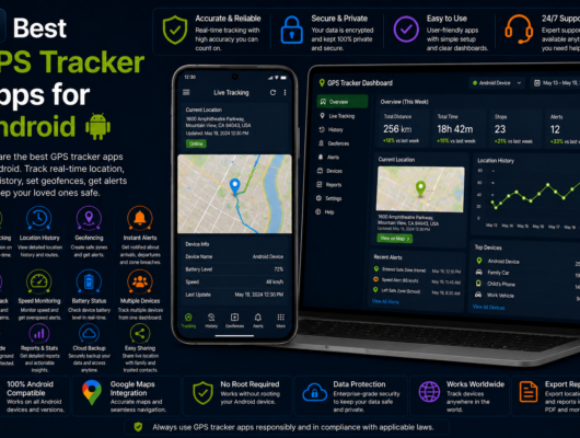 Best GPS tracker apps for Android comparison with a smartphone and laptop showing real-time location, location history, geofencing, alerts and route playback.