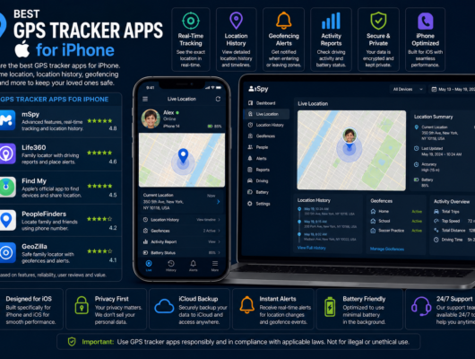 Best GPS tracker apps for iPhone comparison with an iPhone and laptop showing real-time location, location history, geofencing alerts, activity reports and iOS tracking dashboard.