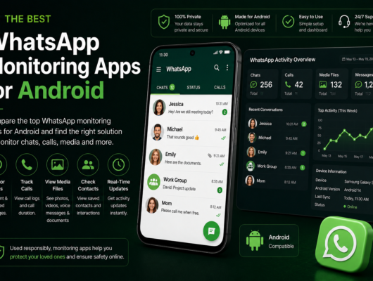 Best WhatsApp monitoring apps for Android comparison with a smartphone showing WhatsApp chats, calls, media files and Android activity dashboard.