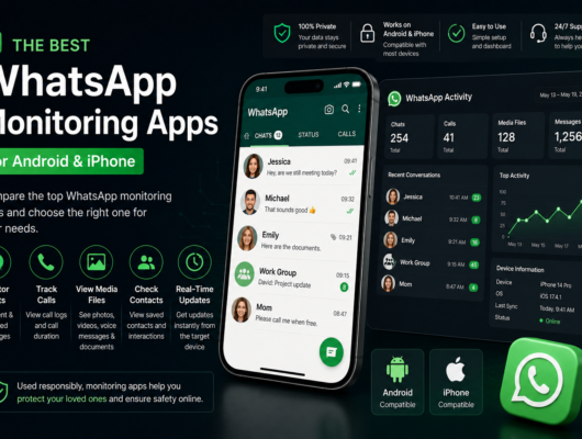 Best WhatsApp monitoring apps for Android and iPhone comparison with a smartphone showing chats, calls, media files and real-time activity dashboard.