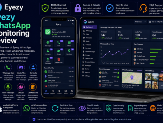 Eyezy WhatsApp monitoring review with a smartphone and laptop showing WhatsApp messages, calls, media files, voice messages, groups, locations and activity dashboard.