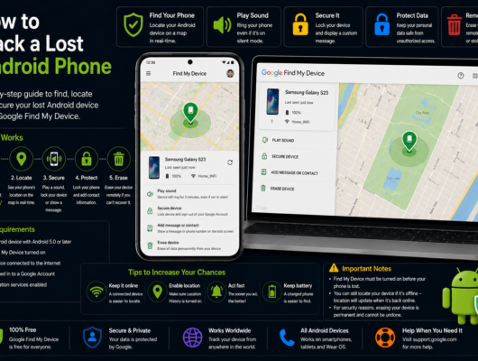 How to track a lost Android phone guide with a smartphone and laptop showing Google Find My Device, location map, play sound, secure device and erase device options.