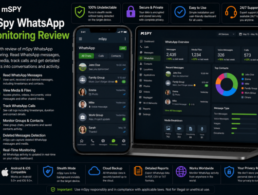 mSpy WhatsApp monitoring review with a smartphone and laptop showing WhatsApp messages, calls, media files, voice messages, groups and monitoring dashboard.