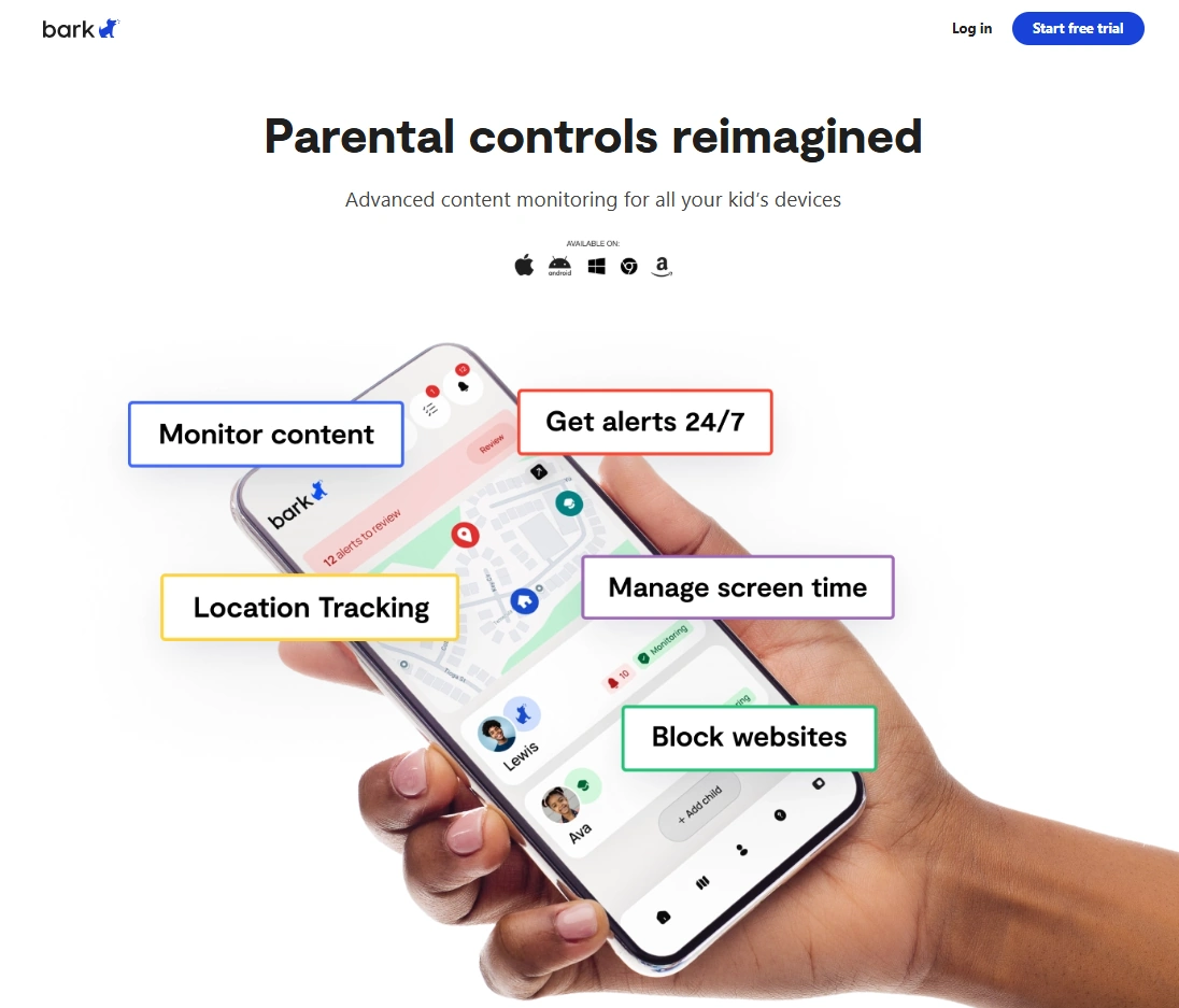 Screenshot of the Bark App & Phone landing page hero section.
