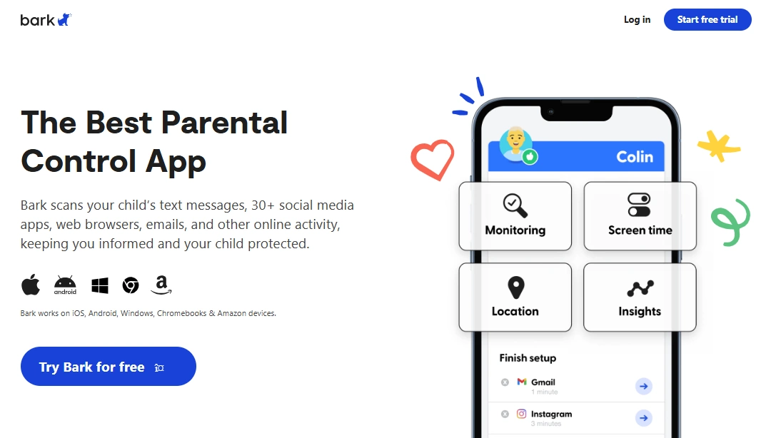 Screenshot of the Bark Best Parental Control App landing page hero section.