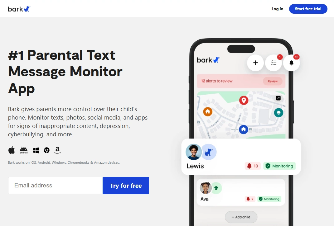 Screenshot of the Bark Premium Monitor Text Messages landing page hero section.
