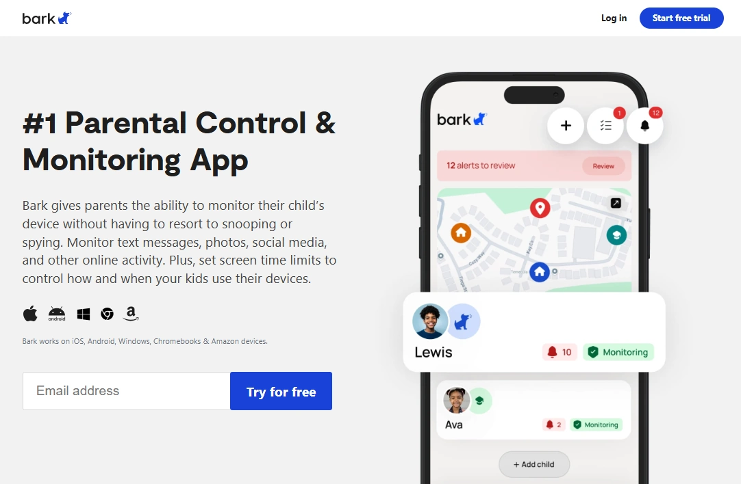 Screenshot of the Bark Premium No Need to Spy landing page hero section.
