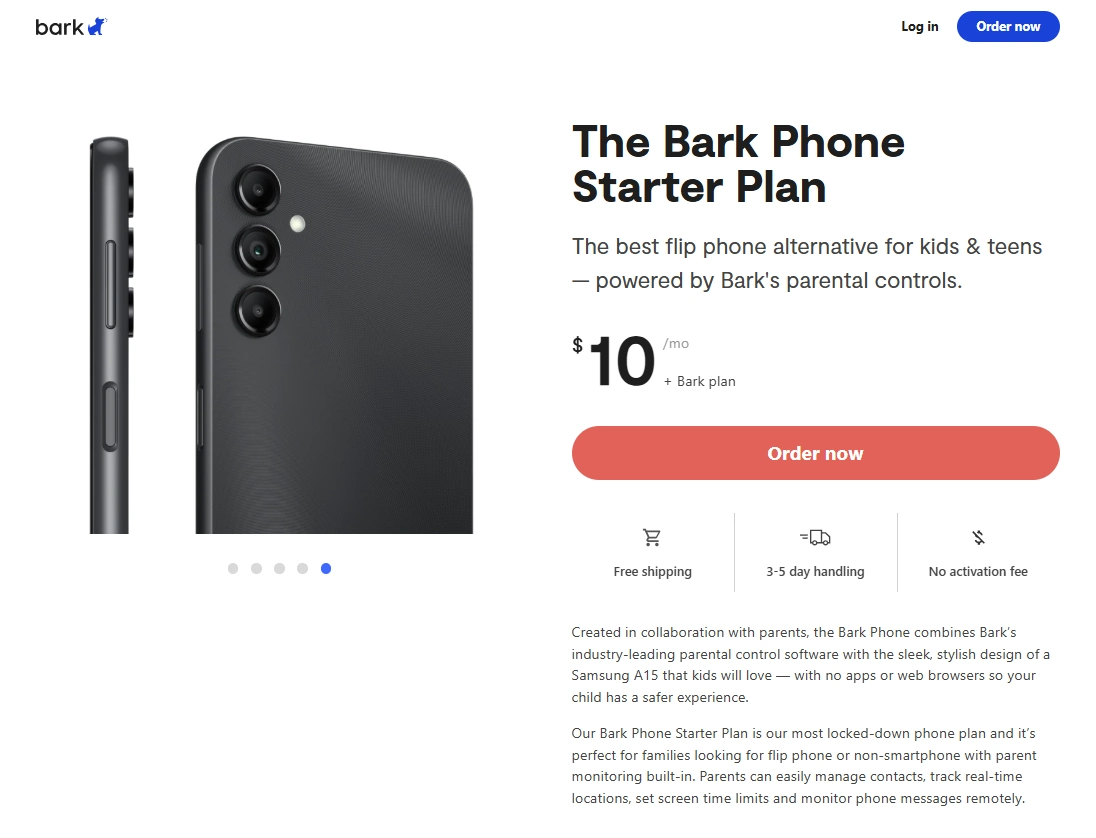 Screenshot of the Bark Starter Plan Best Flip Phone Alternative landing page hero section.