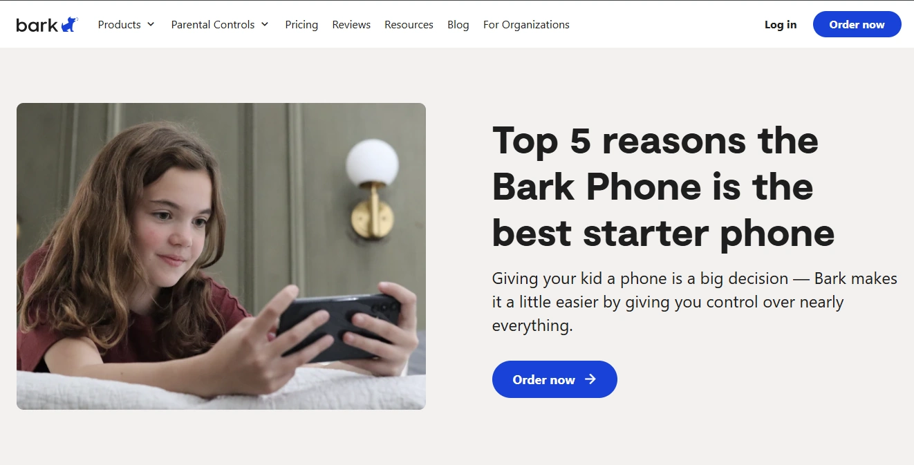 Screenshot of the Bark Best First Phone for Kids landing page hero section.