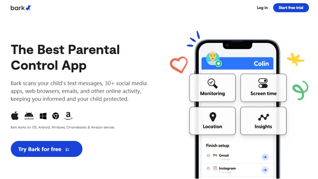 Screenshot of the Bark Best Parental Control App landing page hero section.