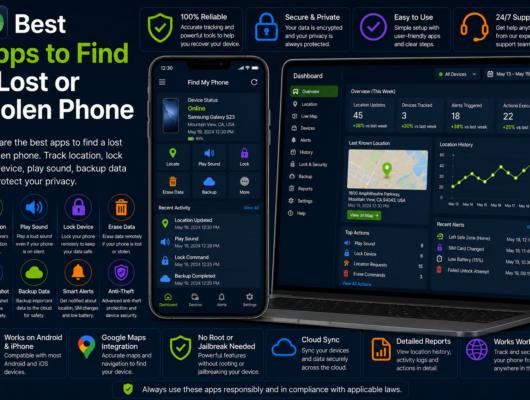 Best apps to find a lost or stolen phone comparison with a smartphone and laptop showing location tracking, play sound, lock device, erase data, backup and alerts.