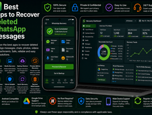 Best apps to recover deleted WhatsApp messages comparison with a smartphone and laptop showing message recovery, chat history, media restore, backups and reports.