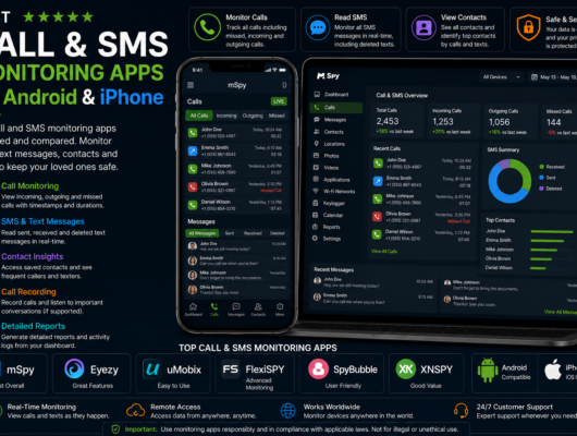 Best call and SMS monitoring apps for Android and iPhone comparison with a smartphone and laptop showing call logs, SMS messages, contacts, call recording and activity dashboard.