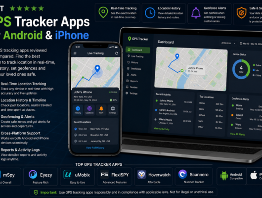 Best GPS tracker apps for Android and iPhone comparison with a smartphone and laptop showing real-time location tracking, location history, geofencing alerts and GPS dashboard.