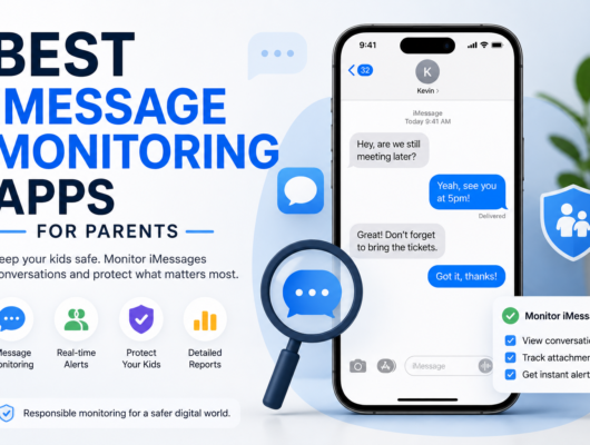 Best iMessage monitoring apps for parents featured image with an iPhone showing iMessage conversations, message monitoring icons, real-time alerts, protection shield and detailed reports.