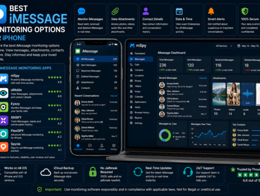 Best iMessage monitoring options for iPhone comparison with an iPhone and laptop showing iMessages, attachments, contacts, timestamps, alerts and dashboard reports.