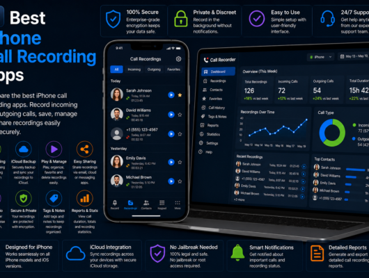 Best iPhone call recording apps comparison with an iPhone and laptop showing call recordings, incoming calls, outgoing calls, playback, iCloud backup and recording statistics.