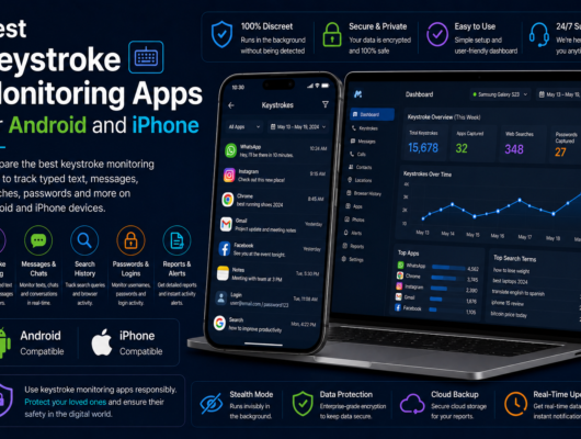 Best keystroke monitoring apps for Android and iPhone comparison with a smartphone and laptop showing keyboard activity, app usage, messages and activity reports.