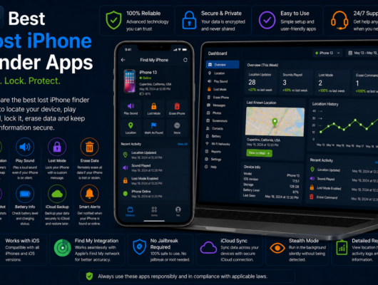 Best lost iPhone finder apps comparison with an iPhone and laptop showing real-time location, play sound, lost mode, erase data, iCloud backup and location history.