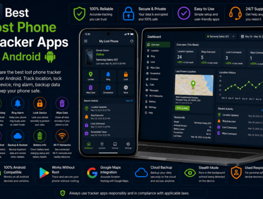 Best lost phone tracker apps for Android comparison with a smartphone and laptop showing real-time location, ring alarm, lock device, wipe data, screenshots and location history.
