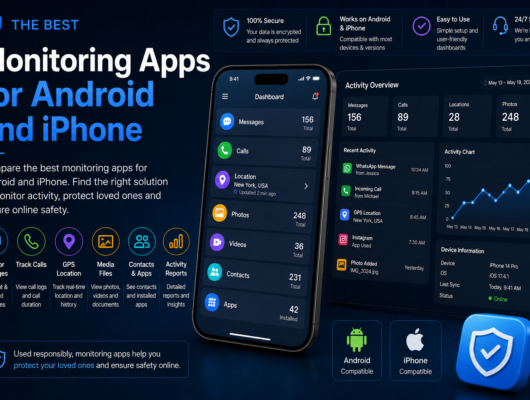 Best monitoring apps for Android and iPhone comparison with a smartphone showing messages, calls, GPS location, media files, contacts and activity dashboard.