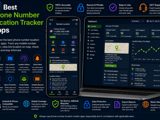 Best phone number location tracker apps comparison with a smartphone and laptop showing number lookup, live location, location history, alerts and reports.