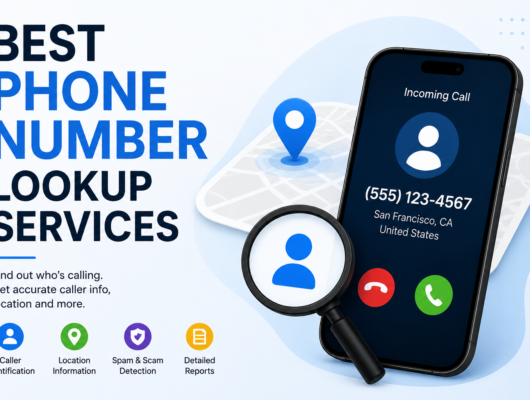 Best phone number lookup services featured image with a smartphone showing an incoming call, caller identification, location pin, magnifying glass and lookup feature icons.