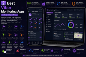 Best Viber monitoring apps for Android and iPhone comparison with a smartphone and laptop showing Viber messages, calls, media files, contacts, locations and activity dashboard.