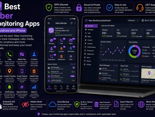 Best Viber monitoring apps for Android and iPhone comparison with a smartphone and laptop showing Viber messages, calls, media files, contacts, locations and activity dashboard.