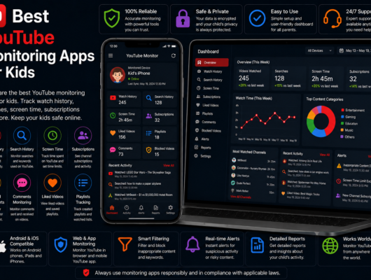 Best YouTube monitoring apps for kids comparison with a smartphone and laptop showing watch history, search history, screen time, subscriptions, comments and alerts.