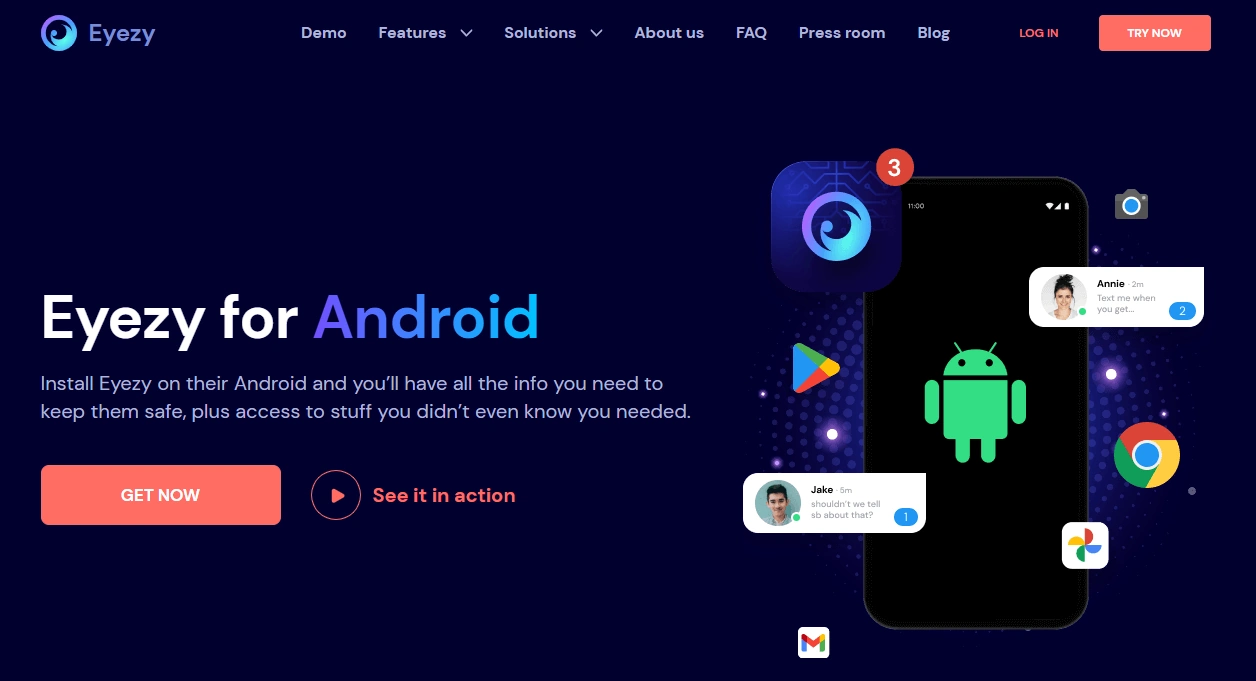 Screenshot of the Eyezy Android Tracking landing page hero section.
