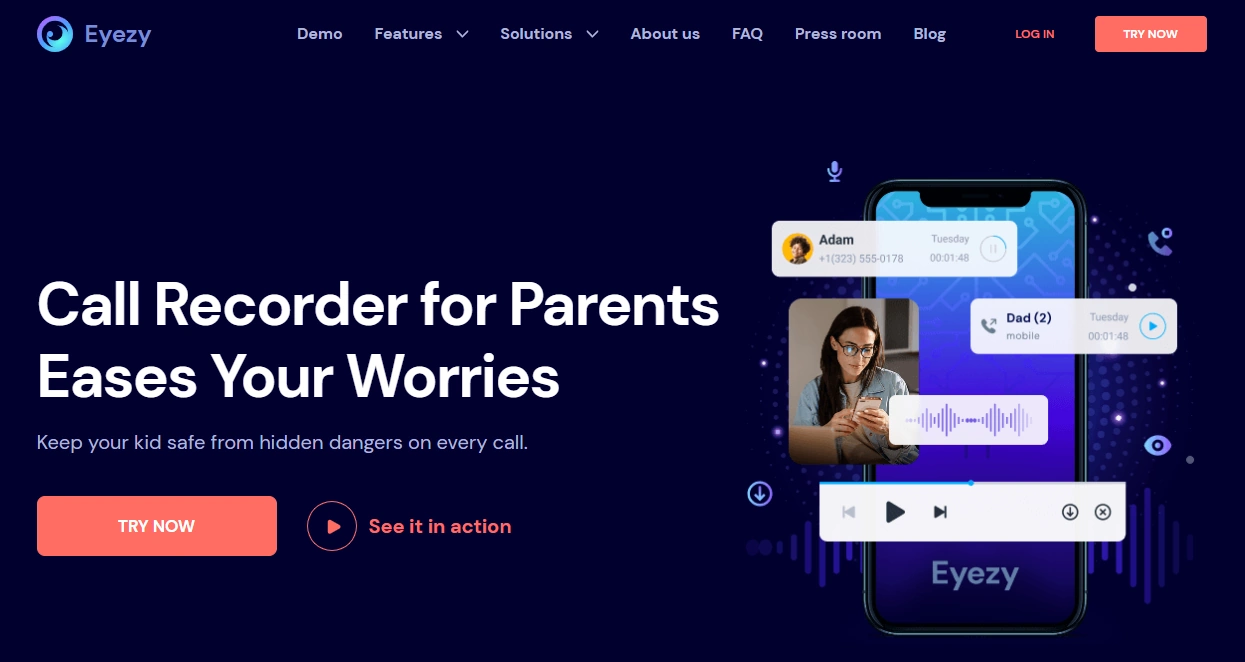 Screenshot of the Eyezy Call Recorder landing page hero section.