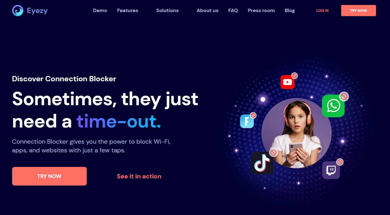 Screenshot of the Eyezy Connection Blocker landing page hero section.