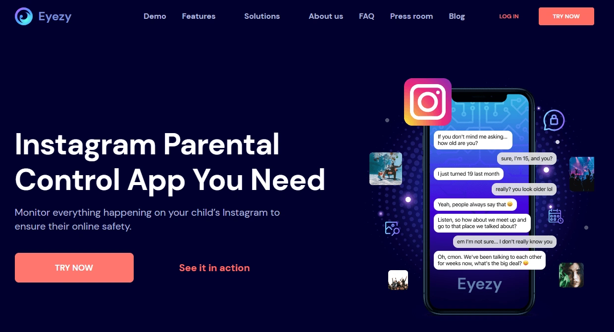 Screenshot of the Eyezy Instagram landing page hero section.