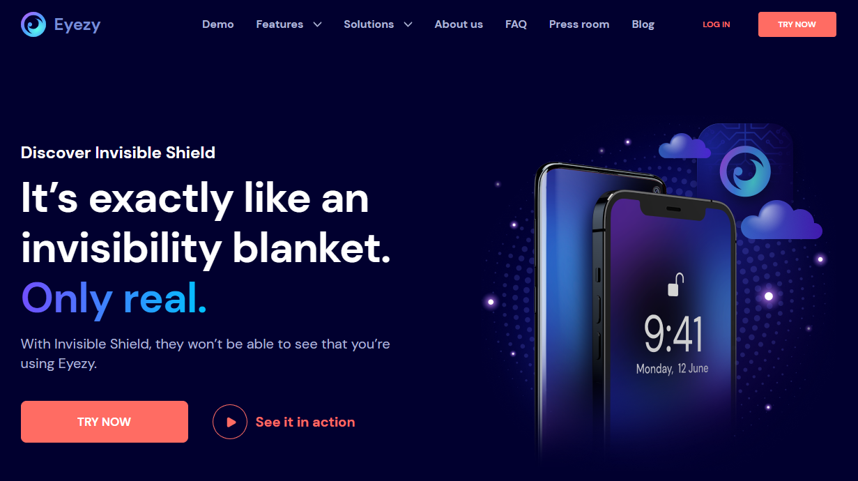 Screenshot of the Eyezy Invisible Mode landing page hero section.