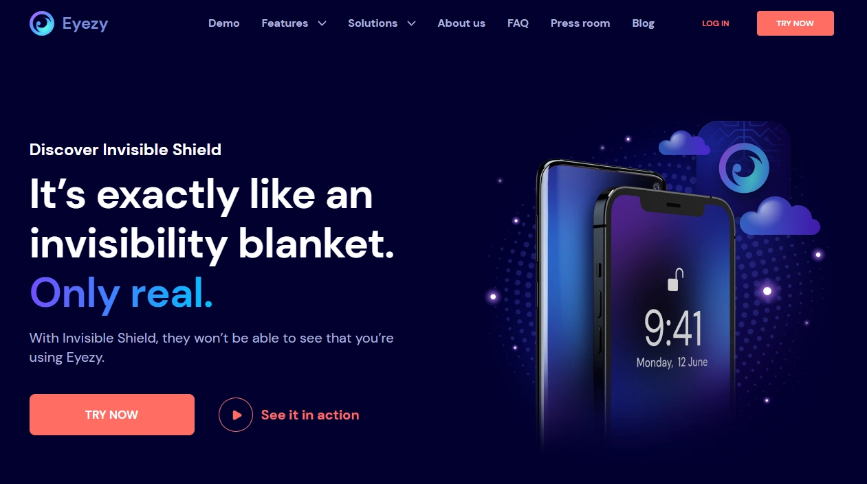Screenshot of the Eyezy Invisible Shield landing page hero section.