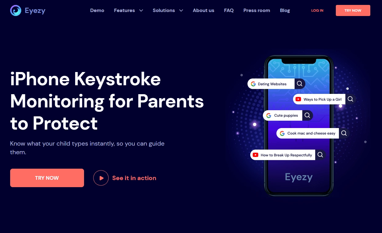 Screenshot of the Eyezy Keylogger iPhone landing page hero section.